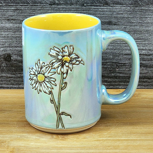 Daisy Flowers Summer Coffee Mug Yellow Tea Cup Ceramic Embossed Blue Sky 18oz