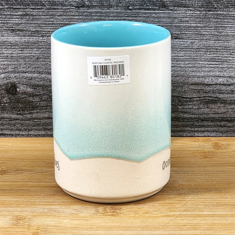 Load image into Gallery viewer, Beach Seafoam Coffee Mug Ocean Coastal Tea Cup Embossed Ceramic Blue Sky 18oz
