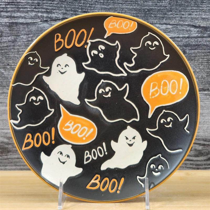 Load image into Gallery viewer, Halloween Happy Ghosts Round Ceramic Salad Plate 8" Blue Sky ELI and ANA
