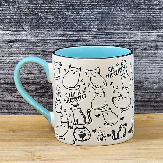 Sleeping Cats Coffee Mug Ceramic Tea Cup Embossed Napping Kittens Blue Sky 18oz