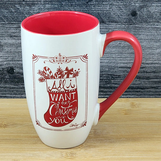 Coffee Mug Christmas Holiday Saying Red Stocking Ceramic Tall Cup Blue Sky 18oz