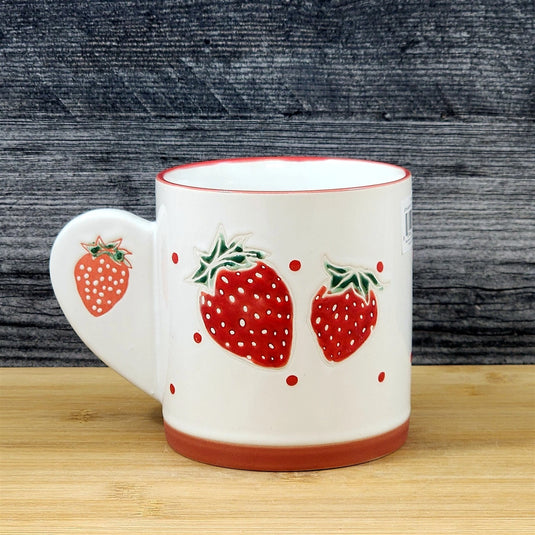 Strawberry Bliss Coffee Mug Ceramic Tea Cup Blue Sky Embossed Botanical 18oz