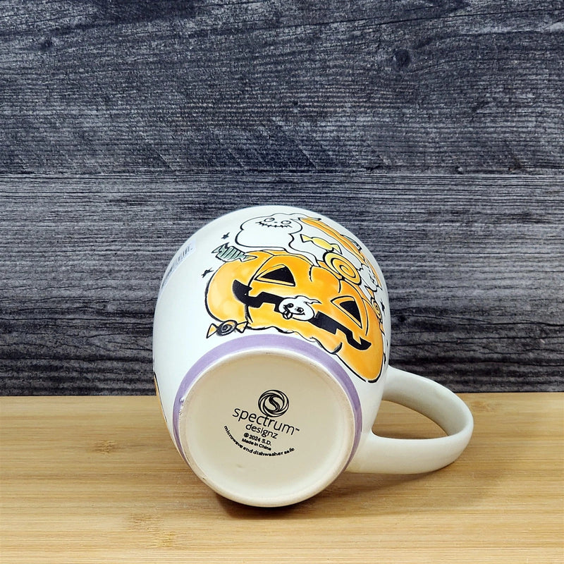 Load image into Gallery viewer, Halloween Coffee Mug Jack-O-Lantern Whimsical Purple Tea Cup Ceramic Blue Sky 18
