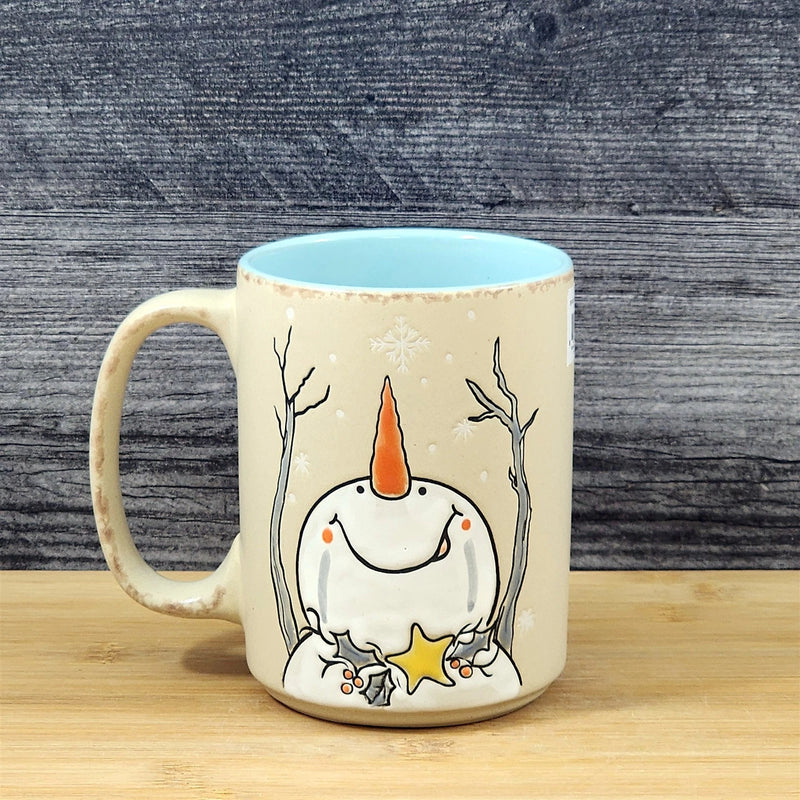 Load image into Gallery viewer, Winter Snowman Christmas Coffee Mug Holiday Cup Tan 18oz Ceramic Blue Sky

