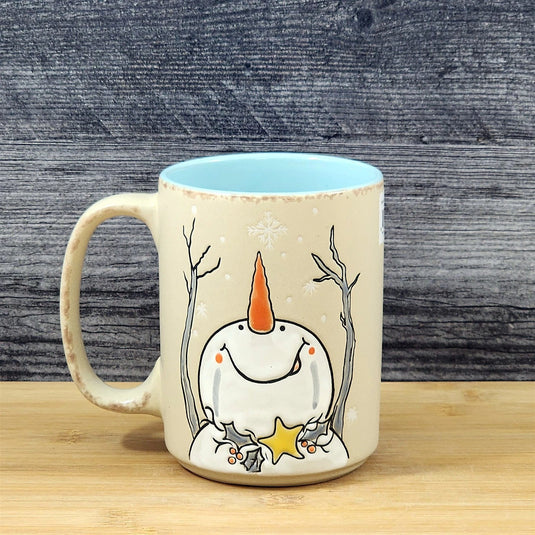 Winter Snowman Christmas Coffee Mug Holiday Cup Tan 18oz Ceramic Blue Sky