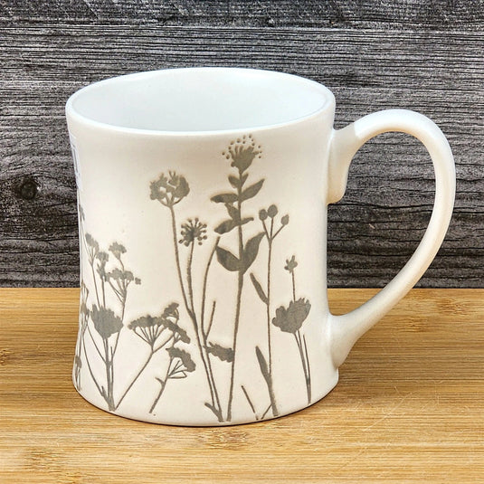 Floral Ceramic Mug Grey WildFlowers Coffee Tea Cup Cottagecore Blue Sky 17oz