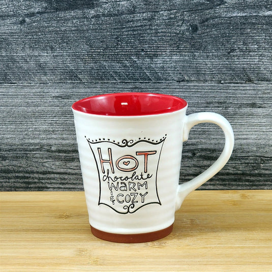 Hot Chocolate Coffee Mug Red White Embossed Christmas Tea Cup Blue Sky 17oz