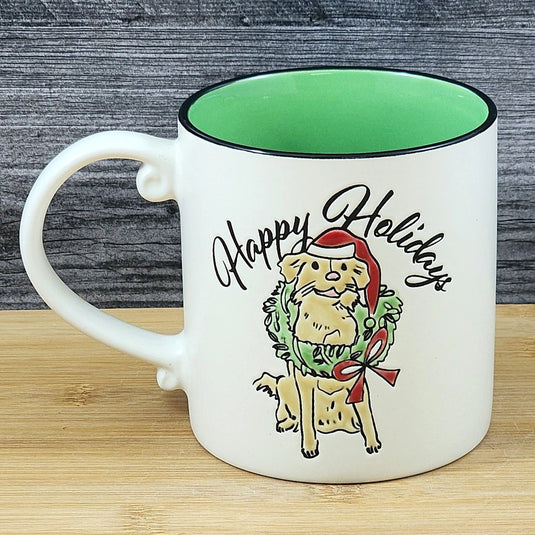 Christmas Dog in Santa Hat Wreath Ceramic Mug Blue Sky Ceramic Green Cup 21oz