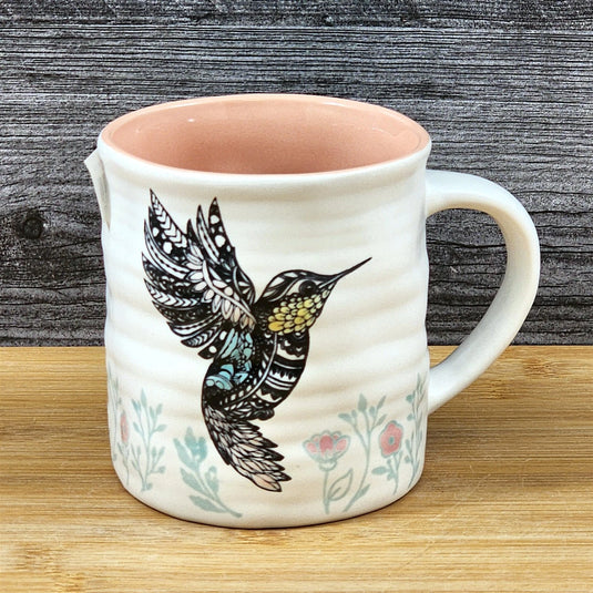 Hummingbird Coffee Mug Floral Embossed Pink Ceramic Tea Cup Blue Sky 17oz