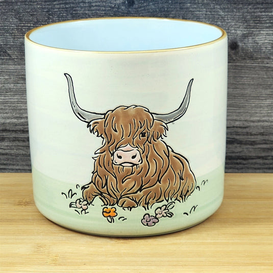 Highland Cow Rustic Planter Ceramic Utensil Organizer Succulent Blue Sky 6.5in