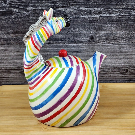Zebra Teapot Rainbow Colored Safari Animal Ceramics Tea Pot Blue Sky