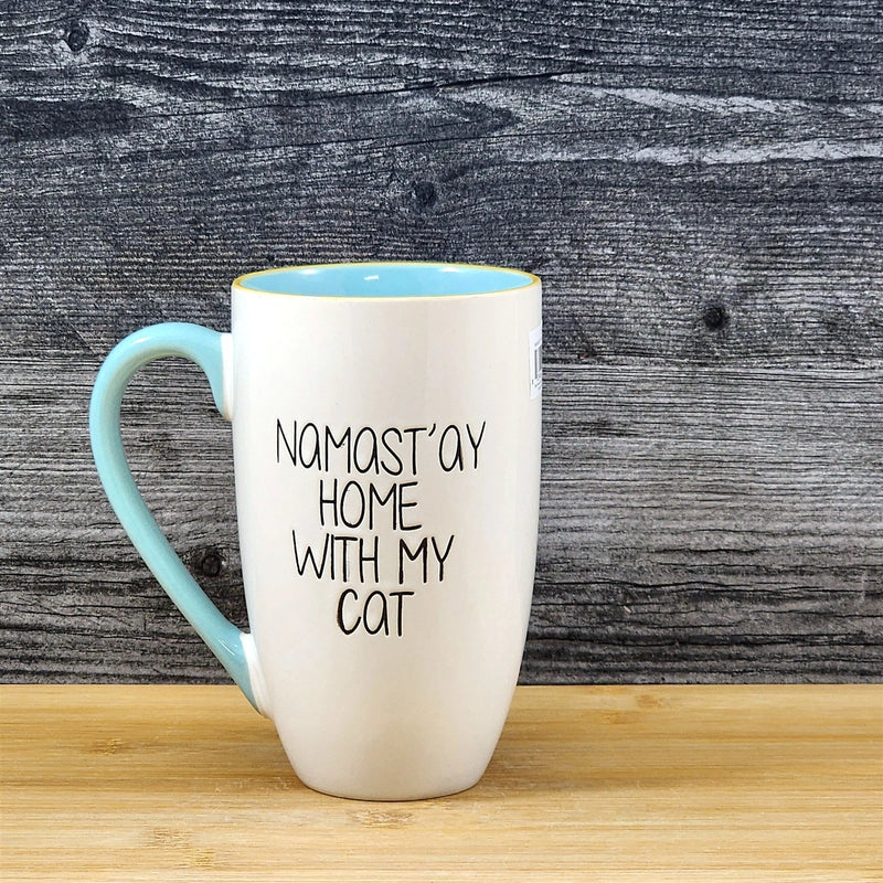 Load image into Gallery viewer, Namast'ay Home With My Cat Coffee Mug Embossed White Ceramic Tea Cup Blue Sky
