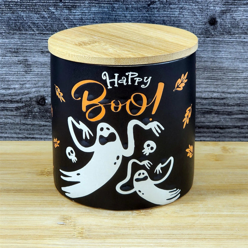 Load image into Gallery viewer, Halloween Ghosts Canister and Bamboo Lid Embossed 4" Ceramic Jar Blue Sky Orange
