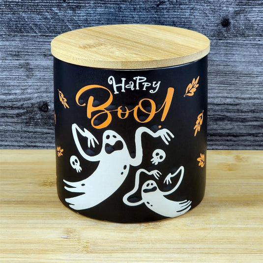 Halloween Ghosts Canister and Bamboo Lid Embossed 4" Ceramic Jar Blue Sky Orange