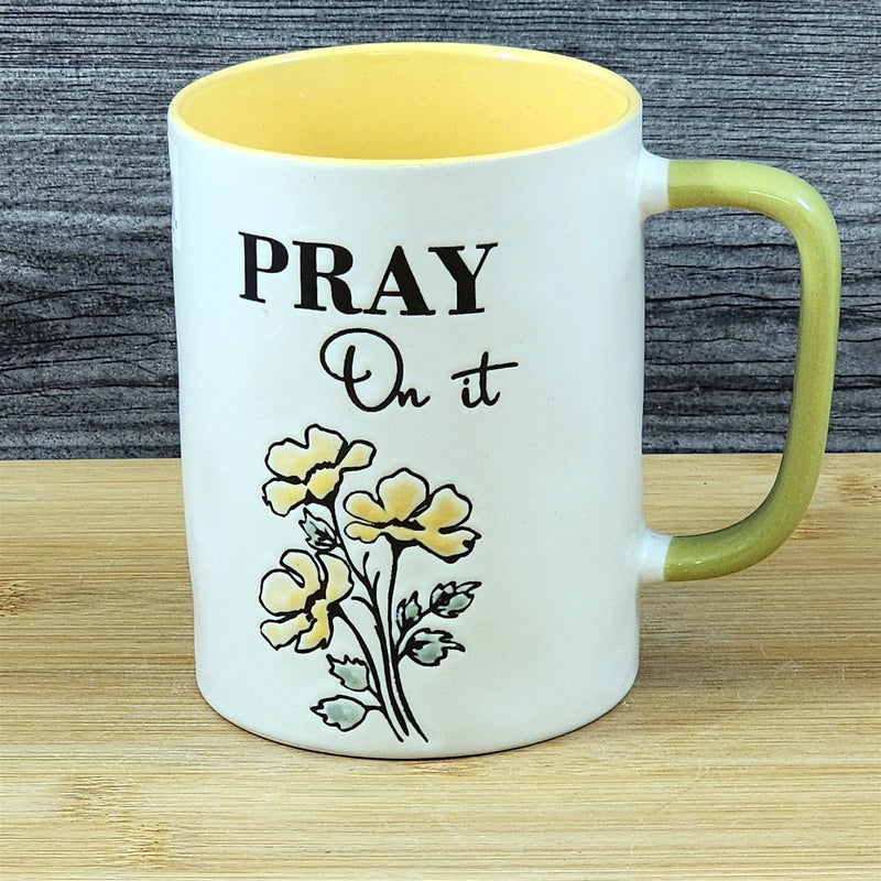 Load image into Gallery viewer, Religious Pray on it Coffee Mug Floral Yellow Green Embossed 18 oz Cup Blue Sky
