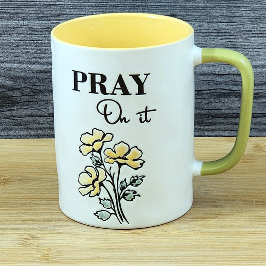 Religious Pray on it Coffee Mug Floral Yellow Green Embossed 18 oz Cup Blue Sky