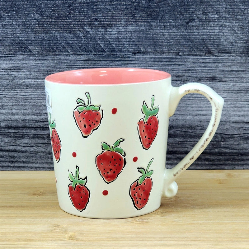 Load image into Gallery viewer, Strawberry Coffee Mug Ceramic Fruit Art Tea Cup Blue Sky Embossed Botanical Pink
