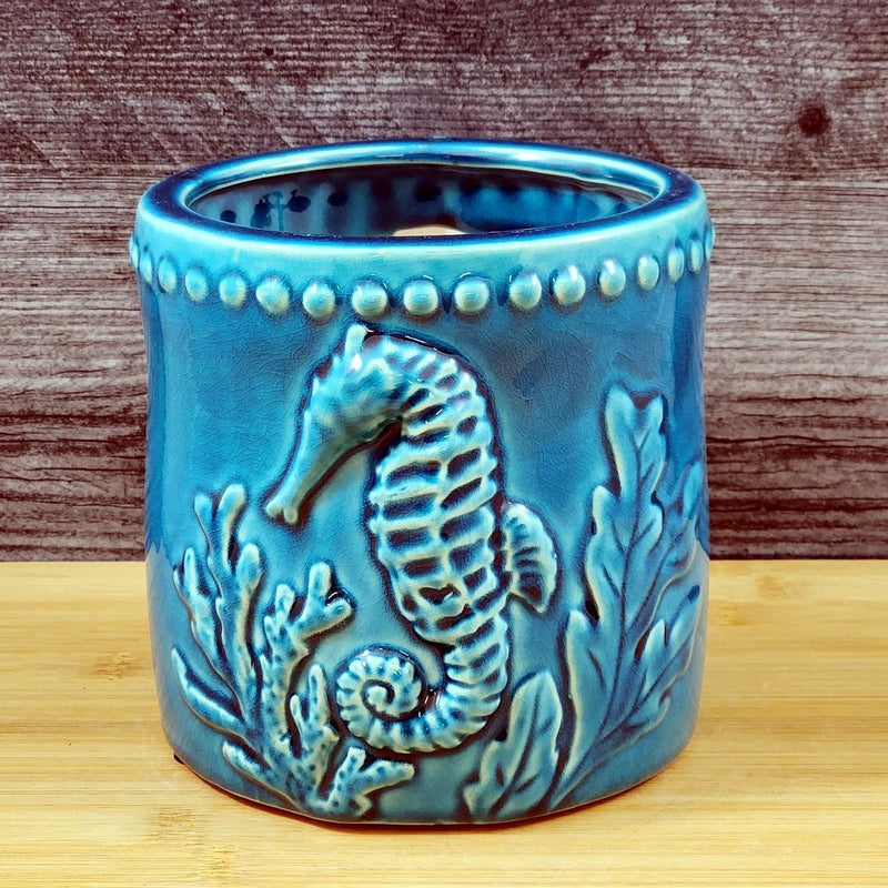 Load image into Gallery viewer, Sea Horse Ocean Planter Ceramic Utensil Organizer Herb Succulent Blue Sky 5in
