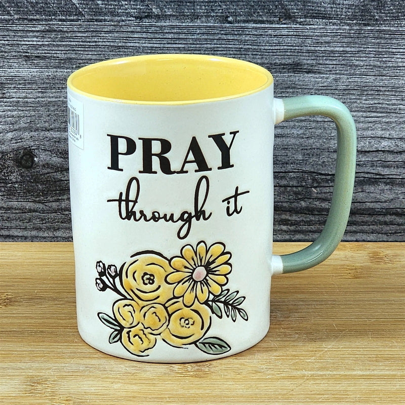 Load image into Gallery viewer, Religious Pray Through It Coffee Mug Floral Yellow Ceramic 18oz Cup Blue Sky
