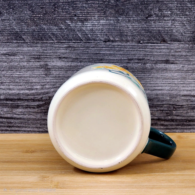 Load image into Gallery viewer, White Ceramic Mug with Yellow Daffodil Floral Embossed 18 oz Tea Cup Blue Sky
