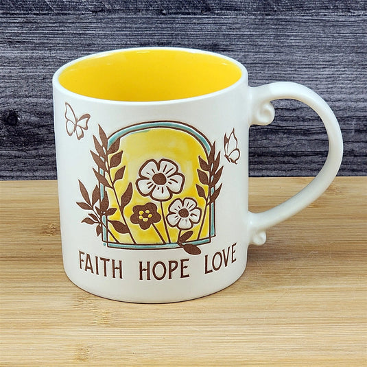 Religious Coffee Mug Faith Hope Love Tea Cup Ceramic Blue Sky 21oz Yellow Floral