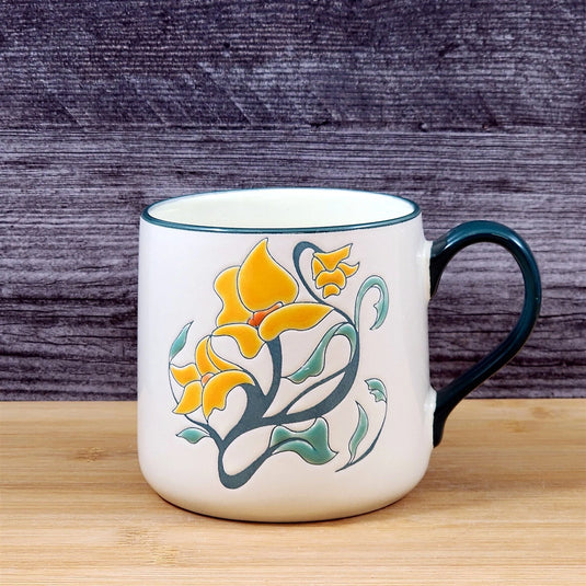 White Ceramic Mug with Yellow Daffodil Floral Embossed 18 oz Tea Cup Blue Sky
