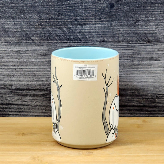 Winter Snowman Christmas Coffee Mug Holiday Cup Tan 18oz Ceramic Blue Sky