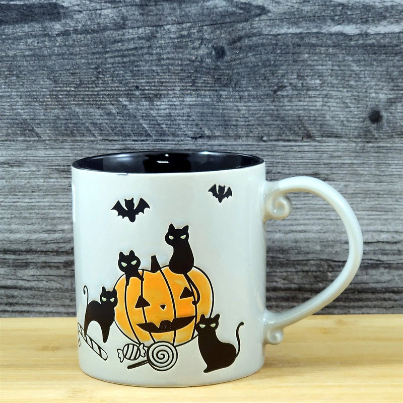 Load image into Gallery viewer, Halloween Coffee Mug Pumpkins Black Cats Ceramic Embossed Tea Cup Blue Sky 21oz
