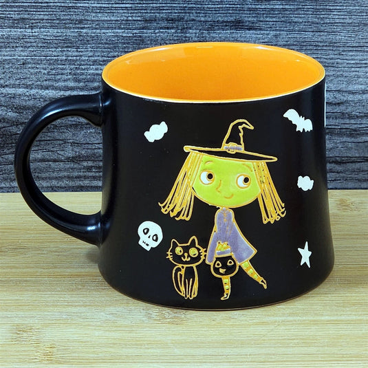 Halloween Mug Whimsical Black Orange Witch Cat Skull Bats Ceramic Cup Blue Sky