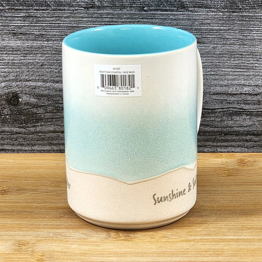 Beach Seafoam Coffee Mug Sunshine Tea Cup Ceramic Embossed Ocean Blue Sky 18oz
