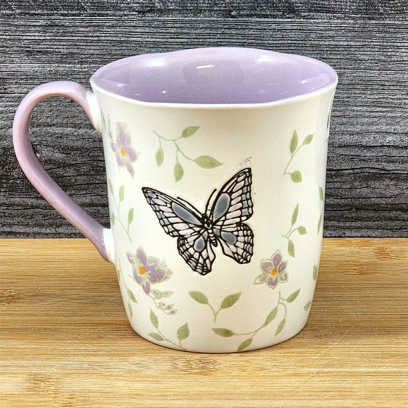 Load image into Gallery viewer, Monarch Butterfly Floral Coffee Mug Purple inside Ceramic Tea Cup Blue Sky 17oz
