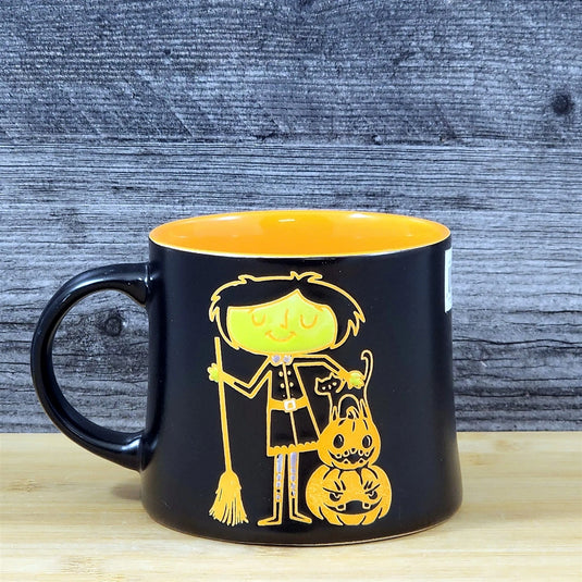 Whimsical Black Orange Halloween Mug Witch Cat Jack-O-Lanterns Ceramic Blue Sky