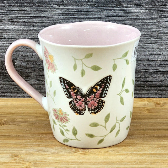 Monarch Butterfly Floral Coffee Mug Pink Interior Ceramic Tea Cup Blue Sky 17oz