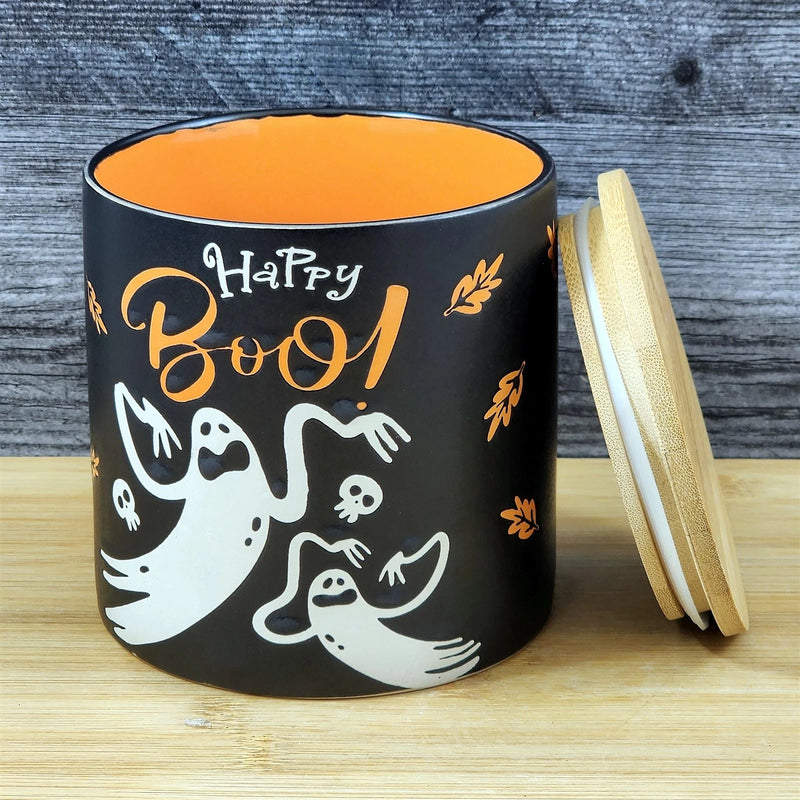 Load image into Gallery viewer, Halloween Ghosts Canister and Bamboo Lid Embossed 4" Ceramic Jar Blue Sky Orange
