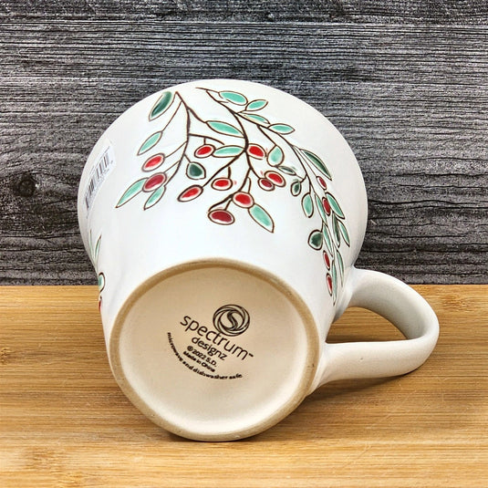 Holiday Cranberry Pine Coffee Mug Green Embossed Christmas Cup Blue Sky 17oz