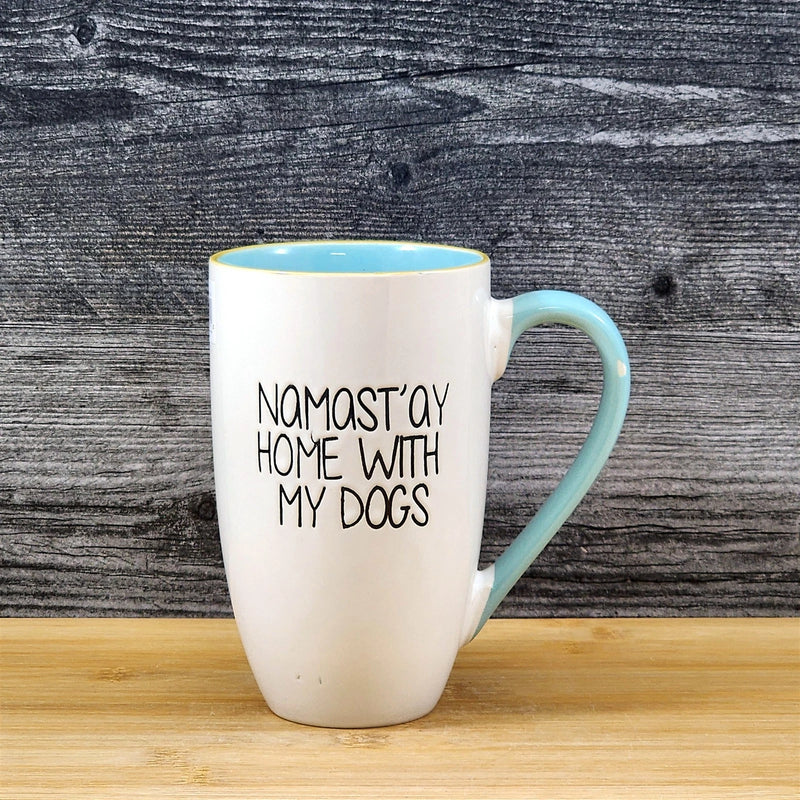 Load image into Gallery viewer, Namast'ay Home With My Dogs Coffee Mug Embossed White Ceramic Tea Cup Blue Sky
