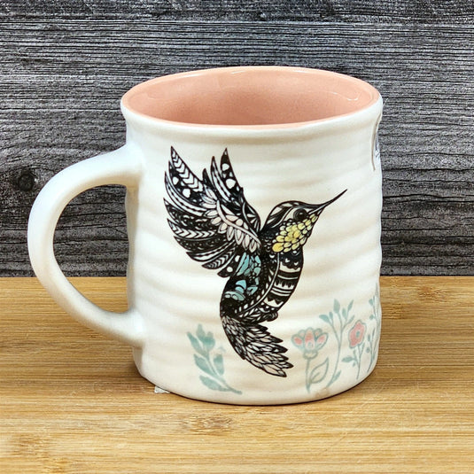 Hummingbird Coffee Mug Floral Embossed Pink Ceramic Tea Cup Blue Sky 17oz