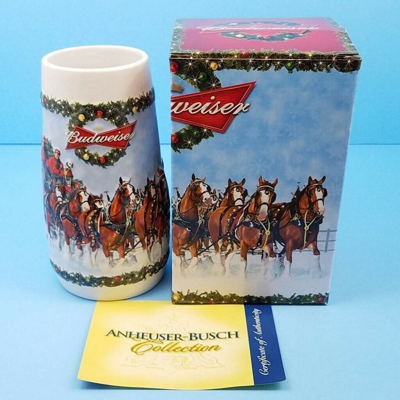 Load image into Gallery viewer, 2009 Christmas Budweiser Stein Mug Gift Box and COA A Holiday Tradition CS699
