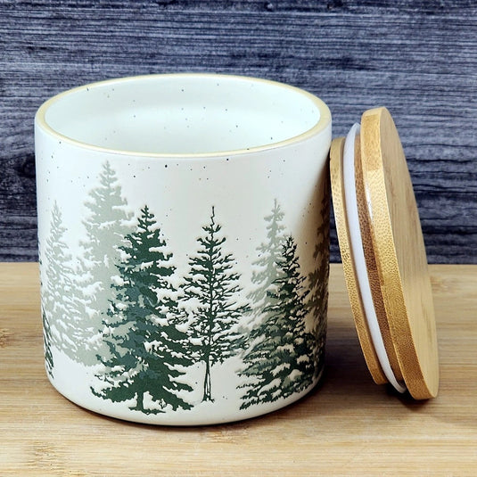 Forest Woods Tree's Canister & Bamboo Lid Embossed Ceramic Green Jar Blue Sky 4"