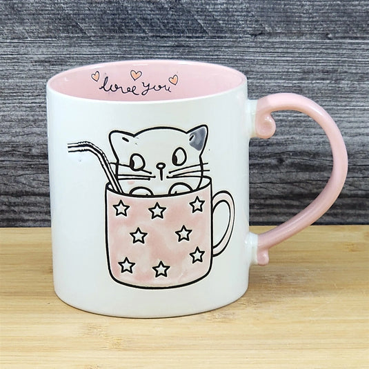 Cat Lover Coffee Mug Embossed Ceramic Tea Cup Large 21oz by Blue Sky Pink Inside