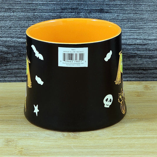 Halloween Mug Whimsical Black Orange Witch Cat Skull Bats Ceramic Cup Blue Sky