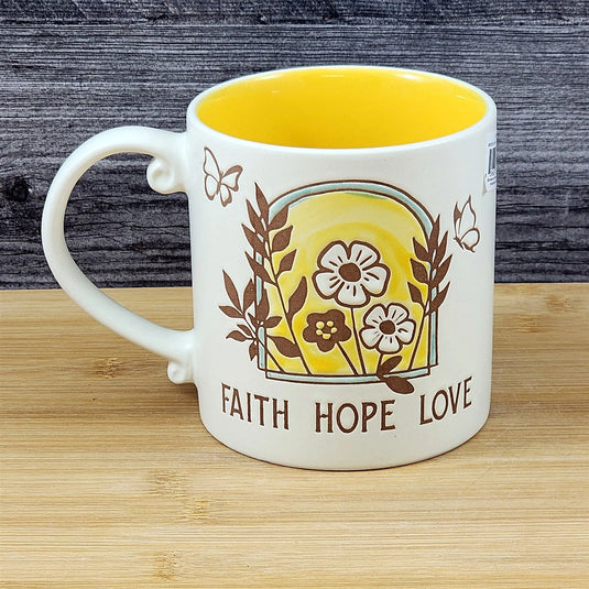 Religious Coffee Mug Faith Hope Love Tea Cup Ceramic Blue Sky 21oz Yellow Floral