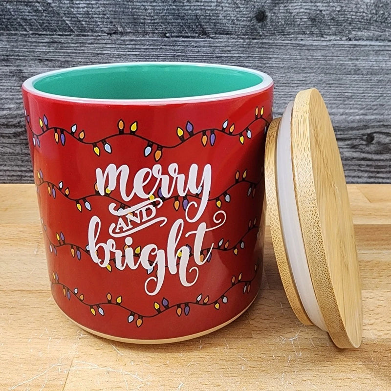 Load image into Gallery viewer, Christmas Holiday Canister &amp; Bamboo Lid Embossed 4" Ceramic Jar Blue Sky Green
