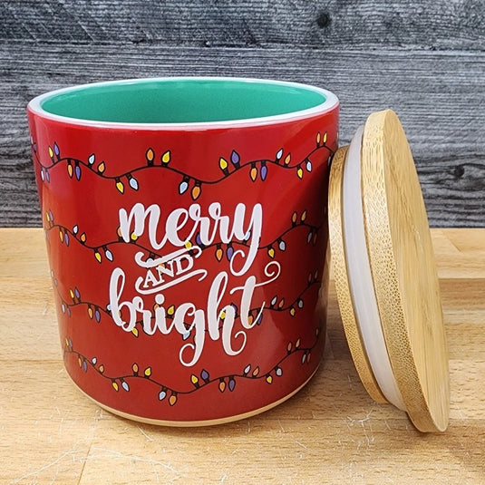Christmas Holiday Canister & Bamboo Lid Embossed 4" Ceramic Jar Blue Sky Green