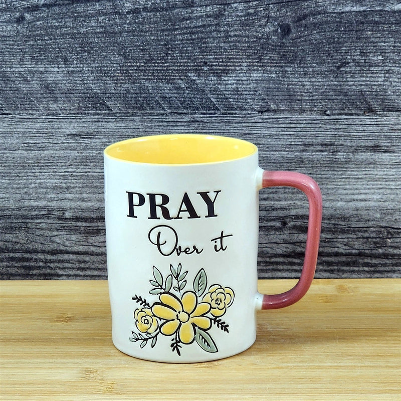 Load image into Gallery viewer, Religious Pray Coffee Mug Floral Yellow White Pink Embossed 18 oz Cup Blue Sky
