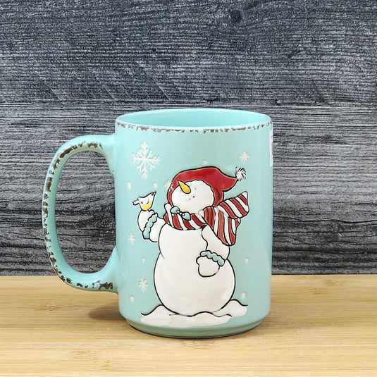 Christmas Coffee Mug Snowman Winter Ceramic Holiday Cup Green 18oz Blue Sky