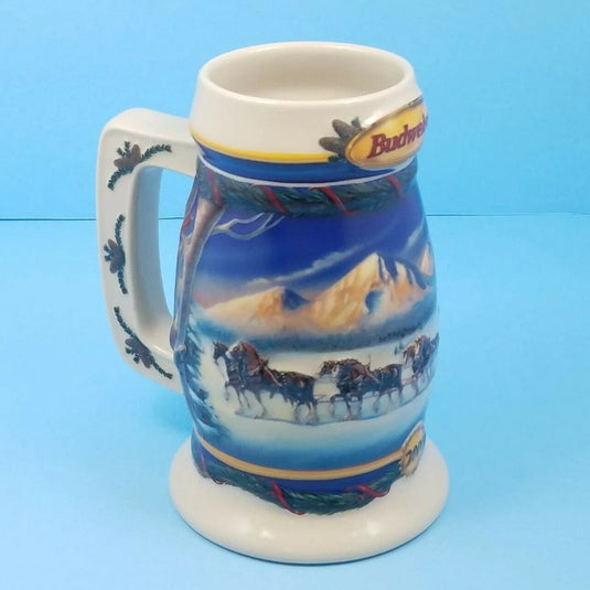 2000 Budweiser Stein Mug Winter Christmas Ceramic Holiday In Mountains CS416