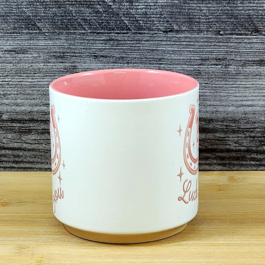Country Western Coffee Mug Pink Lucky Horse Shoe Ceramic Tea Cup Blue Sky 18oz