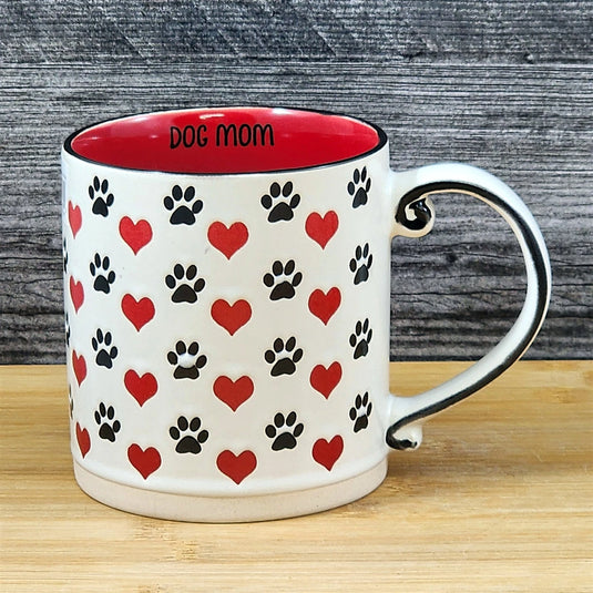 Dog Mom Coffee Mug Ceramic Tea Cup Red Embossed Paws and Hearts by Blue Sky 21oz