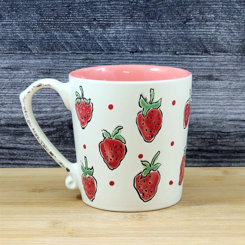 Load image into Gallery viewer, Strawberry Coffee Mug Ceramic Fruit Art Tea Cup Blue Sky Embossed Botanical Pink
